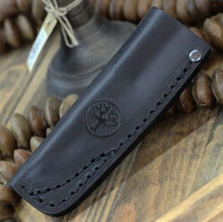 Boker AK1 Fixed Blade 123502, 3" RWL-34 Satin Reverse Tanto Blade, Mustard Burlap Micarta Handle, Black Leather Sheath -Knife Craft Shop AK1 sheath 39790.1646925058