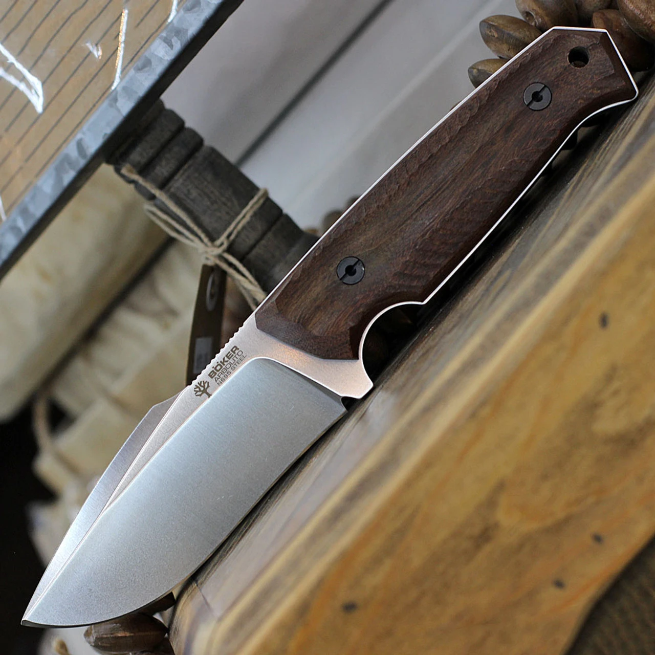 Boker Bison Fixed Blade 02BA404, 4.2" N695 Satin Plain Blade, Guayacan Ebony Wood Handle, Brown Leather Sheath 3 Boker Bison Fixed Blade 02BA404, 4.2" N695 Satin Plain Blade, Guayacan Ebony Wood Handle, Brown Leather Sheath