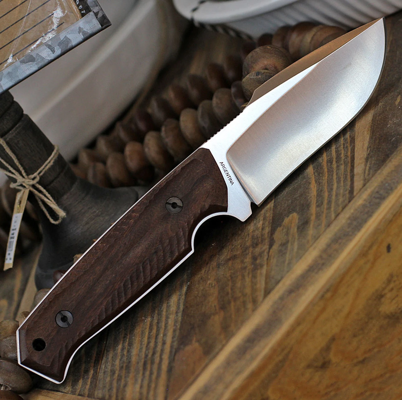 Boker Bison Fixed Blade 02BA404, 4.2" N695 Satin Plain Blade, Guayacan Ebony Wood Handle, Brown Leather Sheath 4 Boker Bison Fixed Blade 02BA404, 4.2" N695 Satin Plain Blade, Guayacan Ebony Wood Handle, Brown Leather Sheath - Image 2