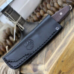 Boker AK1 Fixed Blade 123502, 3" RWL-34 Satin Reverse Tanto Blade, Mustard Burlap Micarta Handle, Black Leather Sheath -Knife Craft Shop Boker AK1 99745.1646925824